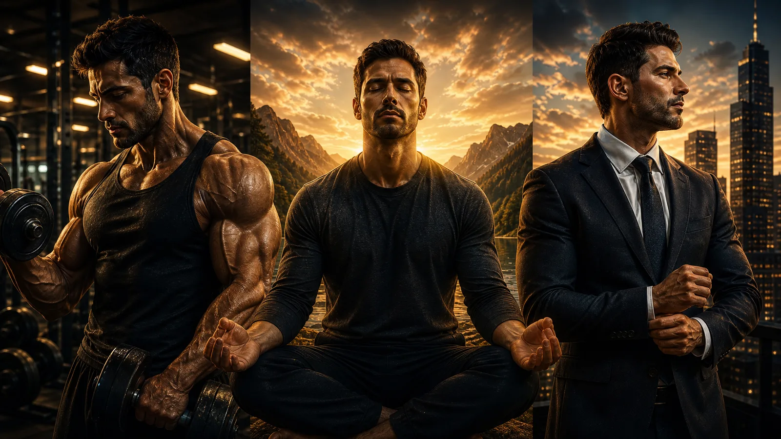 Three men representing the Builder Room pillars: training in a gym, meditating at sunrise and dressed for business in the city
