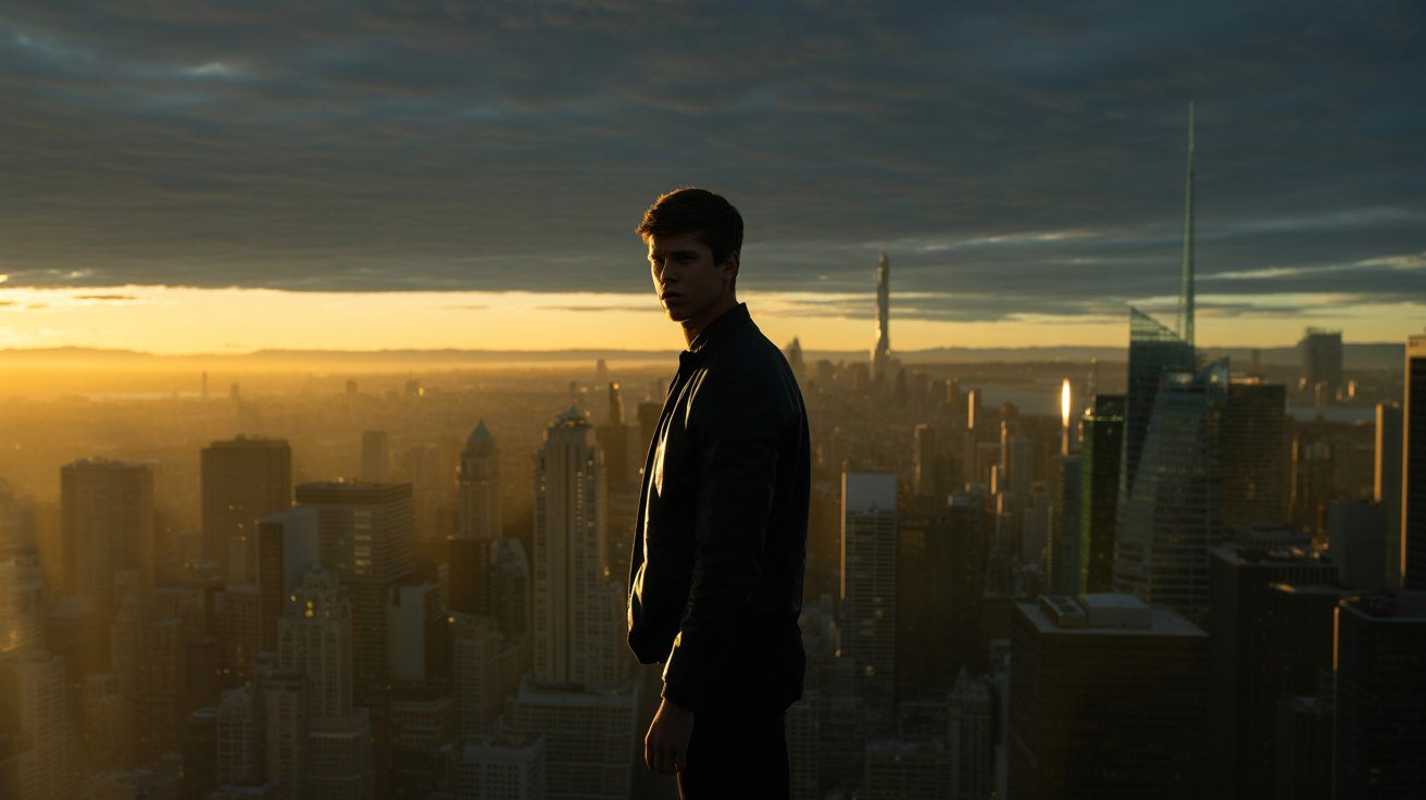 A young man looking over the city at sunrise