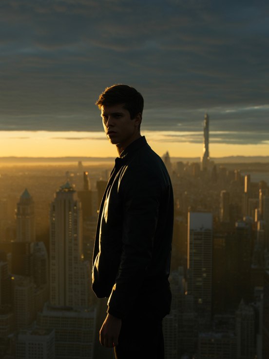 A young man looking over the city at sunrise