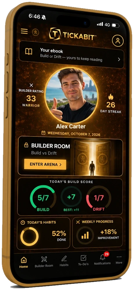 Tickabit home dashboard showing day streak, today's build score and weekly progress