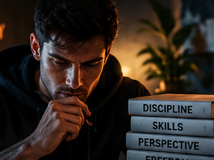 A man deep in thought beside a stack of books titled Discipline, Skills and Perspective